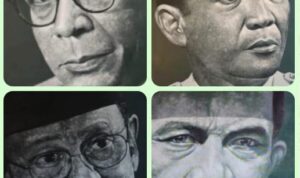potret pemimpin Potret lukisan Bung Hatta, Bung Karno, BJ Habibie, dan Tan Malaka pada pameran lukisan SciArt 8.0 Potret Ilmuwan Inspiratif Dalam Lukisan di Yogyakarta, 24 - 29 Juni 2025. Foto: Dialoguejakarta.com/R. Fadjri