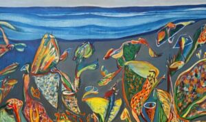 Karya lukis Eko Rahmy Karya lukis Eko Rahmy dalam pameran lukisan bertajuk Notasi Visual Metamorphic Colony. Foto: dialoguejakarta.com/R. Fadjri