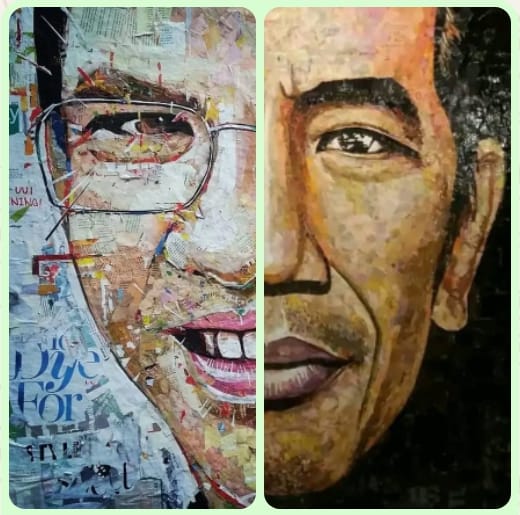 Lukisan dengan teknik kolase menggunakan bahan guntingan kertas majalah bekas. Foto: dialoguejakarta.com/F. Fadjri