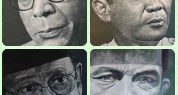 Potret lukisan Bung Hatta, Bung Karno, BJ Habibie, dan Tan Malaka pada pameran lukisan SciArt 8.0 Potret Ilmuwan Inspiratif Dalam Lukisan di Yogyakarta, 24 - 29 Juni 2025. Foto: Dialoguejakarta.com/R. Fadjri