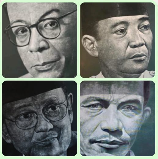 potret pemimpin Potret lukisan Bung Hatta, Bung Karno, BJ Habibie, dan Tan Malaka pada pameran lukisan SciArt 8.0 Potret Ilmuwan Inspiratif Dalam Lukisan di Yogyakarta, 24 - 29 Juni 2025. Foto: Dialoguejakarta.com/R. Fadjri